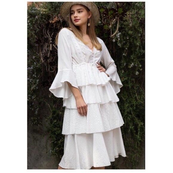 WHITE Woven Dress w/ ruffle layer & flare sleeves - Picture 5 of 9